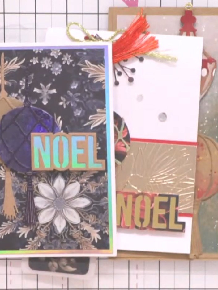 Step 5: Adhere the layered word die-cuts onto the lower panel of your card. Position the sentiment word centrally to c