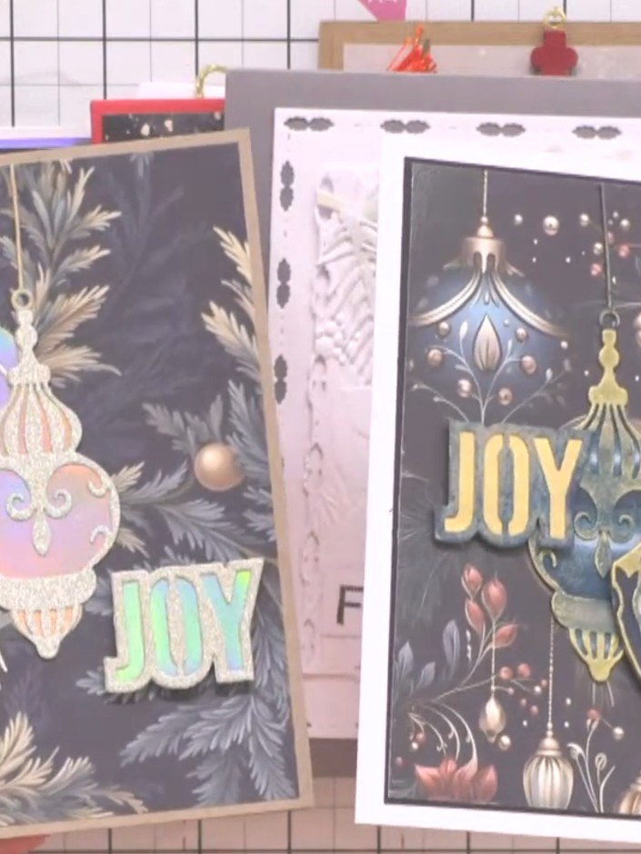 Step 7: Place the decorative paper panels on top of a card blank to complete your festive baubles layered Christmas ca