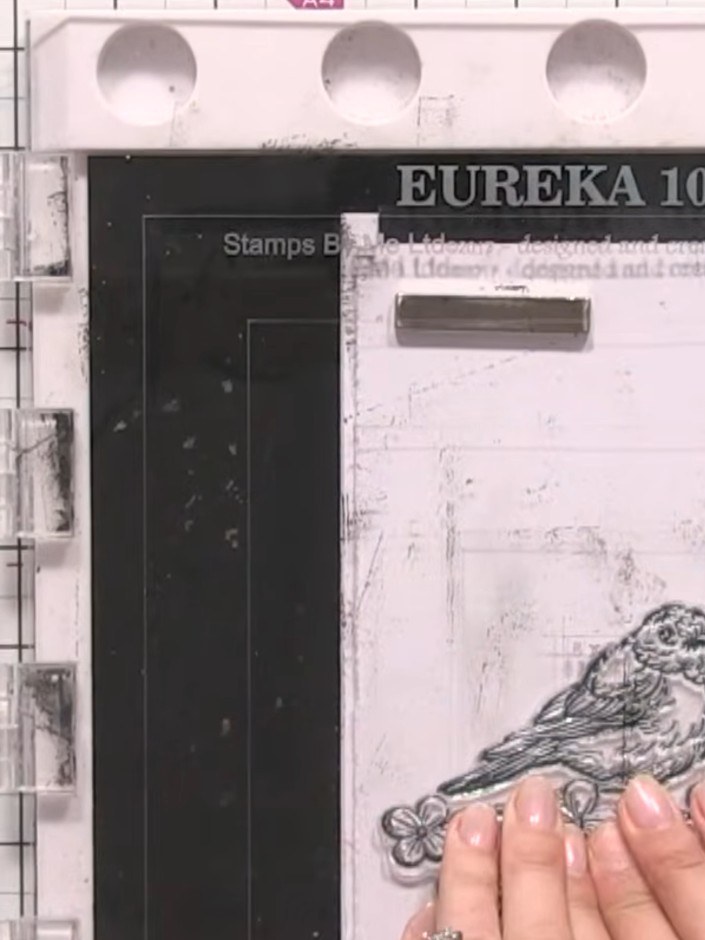 Step 2: Place the stamped bird image into the coordinating die from the Eureka 101 stamp and die set. Position it care