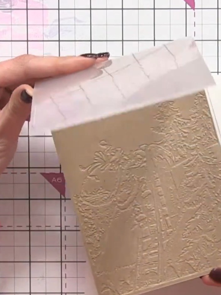 Step 3: Brush white ink pad over the entire embossed card to highlight all the raised details of the winter village de