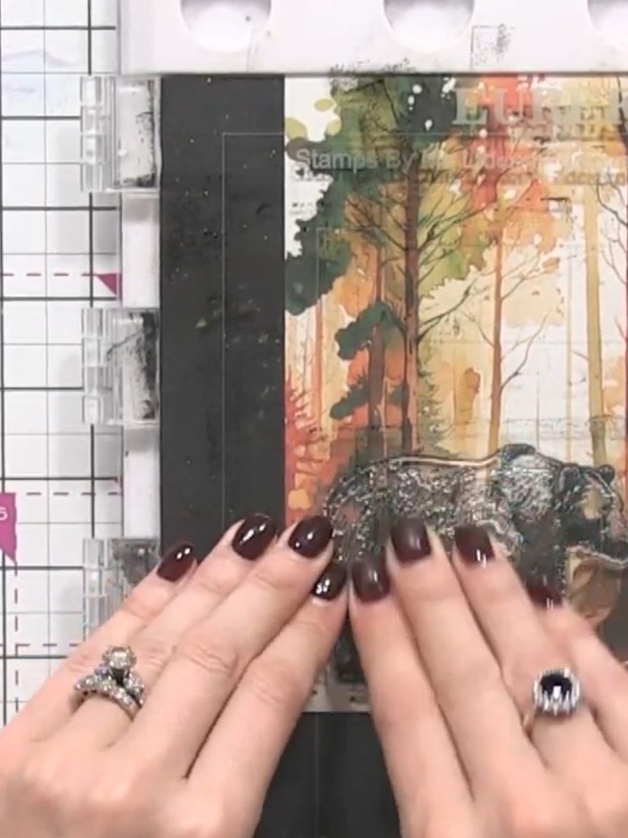 Step 2: Position the exterior stencil mask over the stamped bear image on the black card to create a defined outline a