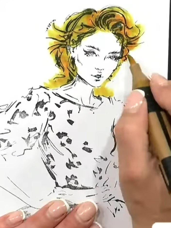 Step 5: Extend the hair colour down behind the shoulders using yellow and orange tones. Add fine pen strokes with a mi