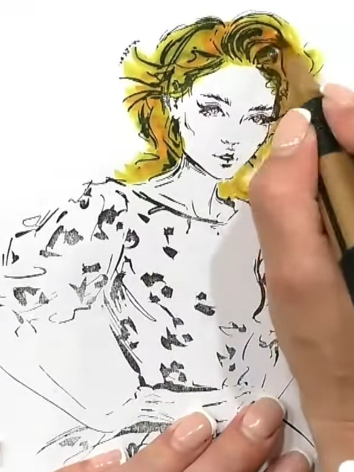 Step 6: Use a black micron pen or marker to add outline details and swooshes to the hair to define the shape and creat