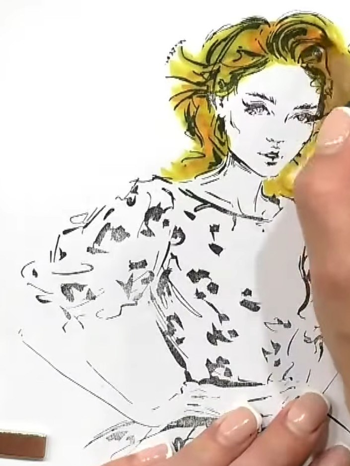 Step 7: Stamp a second copy of the Still Fabulous dolly image onto white cardstock. Colour the hair with yellow and or