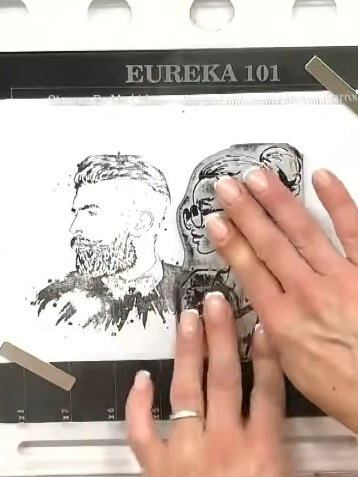 Step 3: Colour the male character using markers, adding detail to the hair, beard and facial features. Build up the to