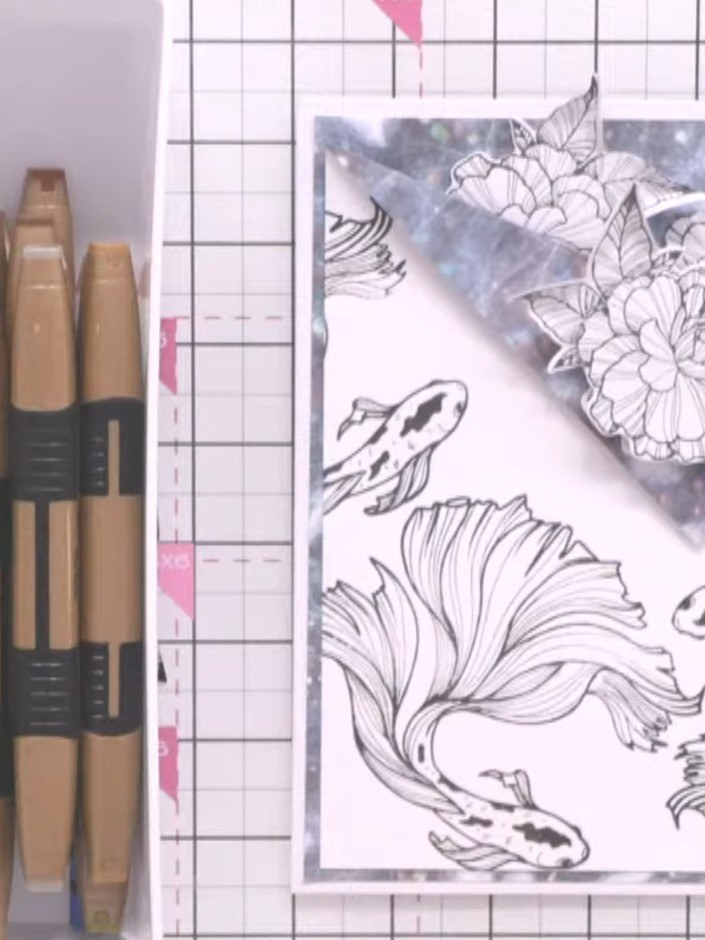 Step 10: Use a grey alcohol marker to draw a shadow around the fish. Start with a darker shade and then blend with a li