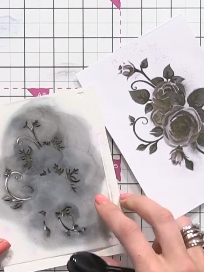 Step 11: Add a sentiment to complete your card. The finished design features a beautiful grayscale, dimensional floral 