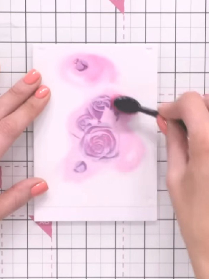 Step 7: Apply stencil number five (the detail layer) to your stamped rose design. Using black or dark ink with a blend