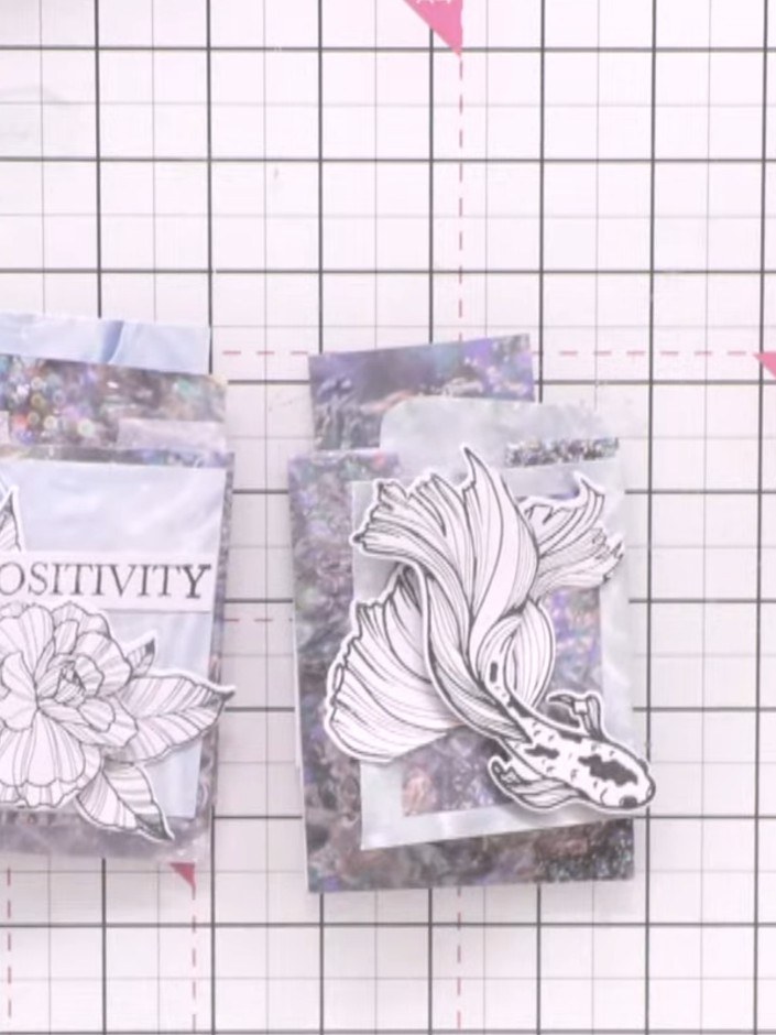 Step 12: Add sparkle or embellishment details to the decorated pockets and tags to complete the finish. Use glue to att