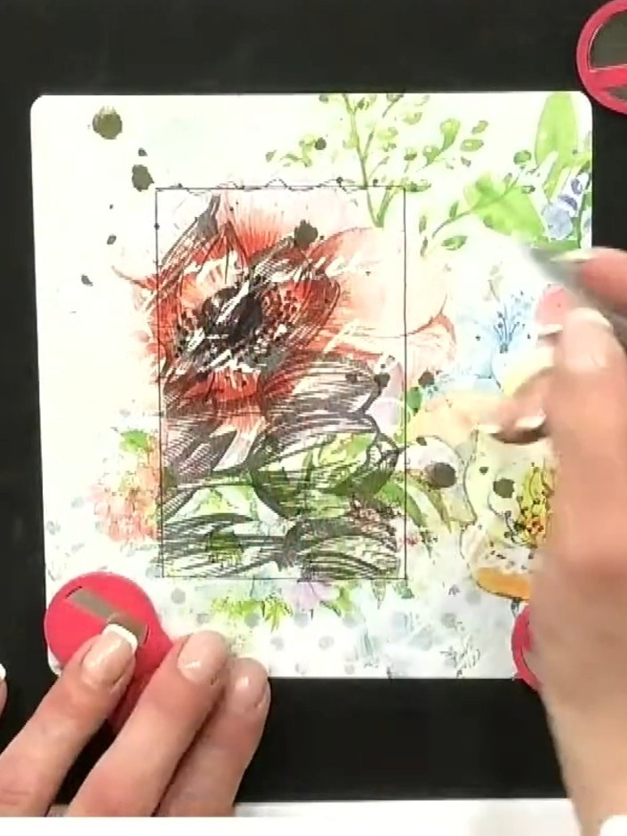 Step 3: Stamp the floral spiral design onto vellum using embossing ink. Apply off-white embossing powder and heat embo