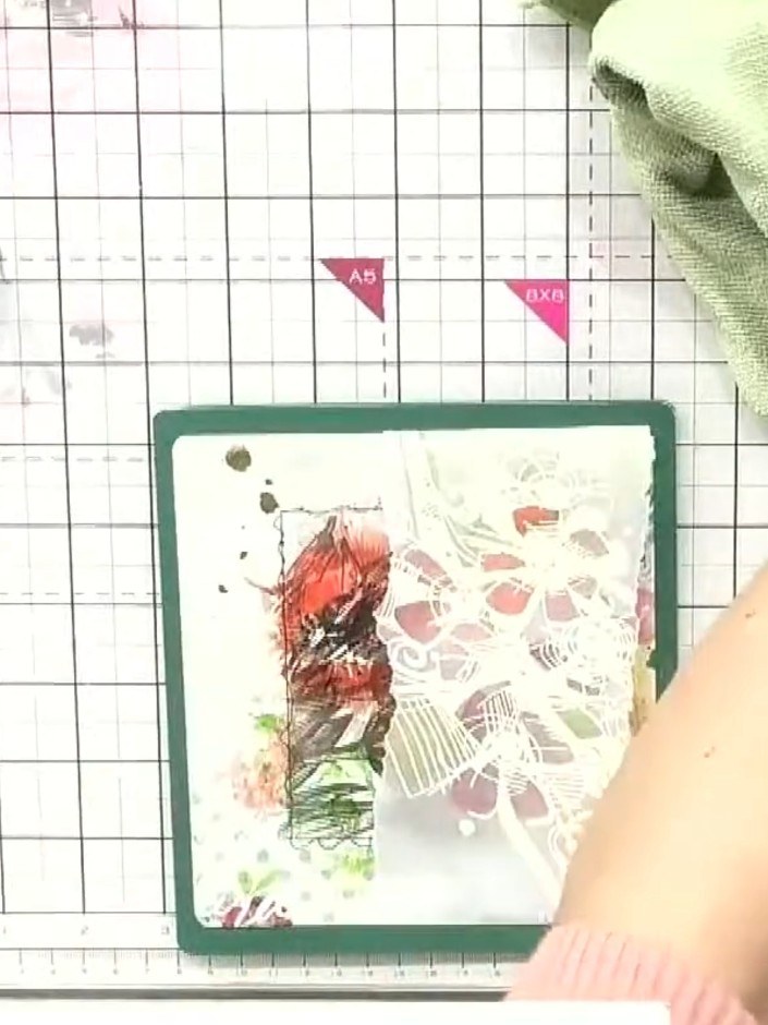 Step 7: Add decorative mesh and embellishments to create mixed media texture on your card. Layer the green mesh fabric