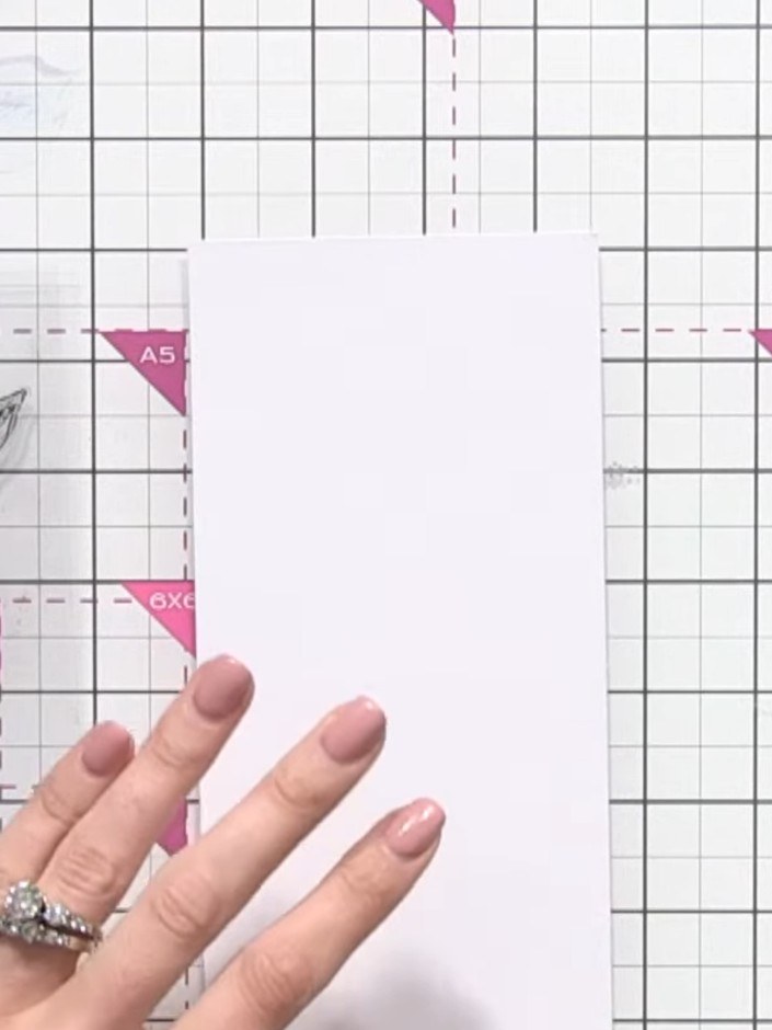 Step 1: Take a piece of white card stock cut to slimline size and place it on your craft mat.