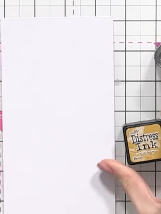 Step 2: Using a large blending brush, apply a yellow-orange Distress Ink around the edges of the white card panel to c