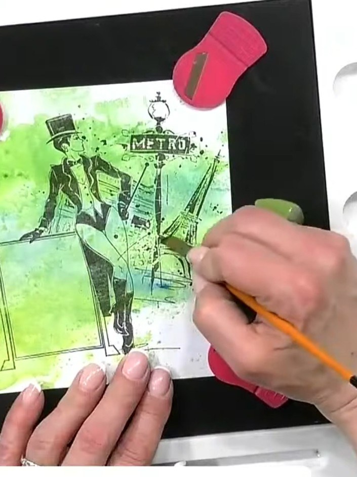 Step 3: Begin painting loose watercolour washes over the stamped character using light, transparent green tones. Work 