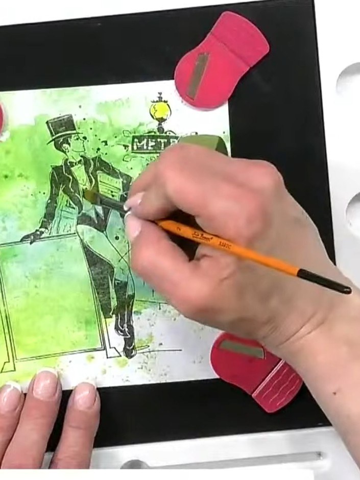 Step 6: Mount your finished stamped and watercoloured design onto a black card mat. Attach the matted piece to your ca