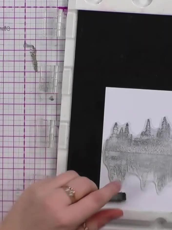 Step 1: Using a stamping platform, stamp the landscape image across the white card panel with dark grey ink. Ensure th