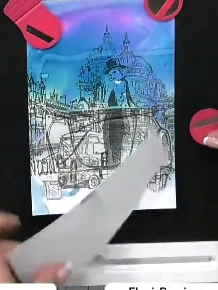 Step 9: Stamp a lamp post from the City Lights set onto separate card stock and colour it. Cut out the lamp post and a