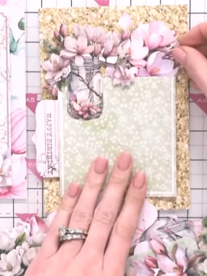 Step 8: Add a stamped sentiment tag or decorative element to the top of your card to complete the design. Position the