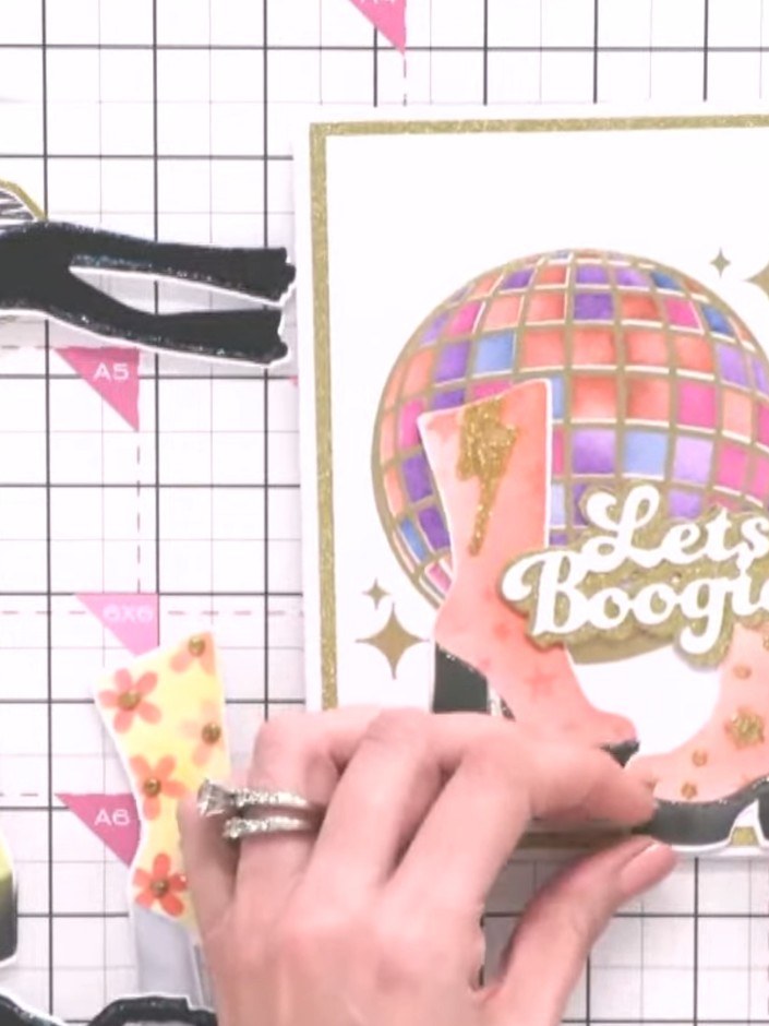 Step 2: Choose your colour scheme and select the shoe and disco ball designs. Use a stencil brush to apply ink through