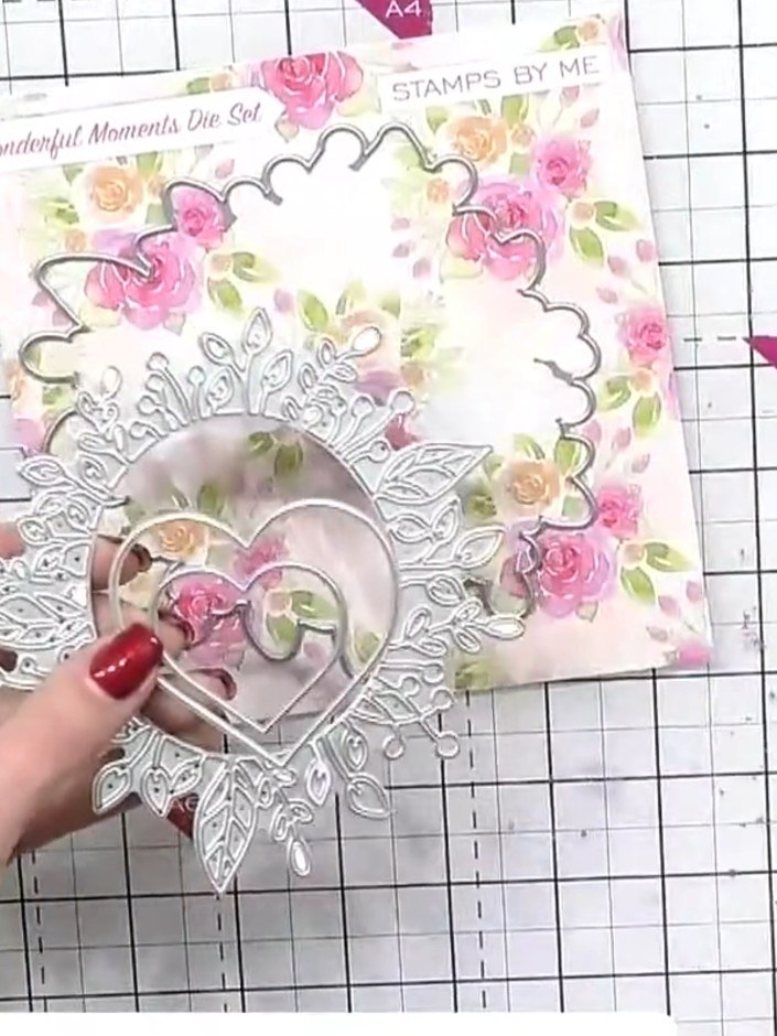 Step 1: Cut the detailed wreath die from the coordinating floral paper from the Wonderful Moments collection. The die 