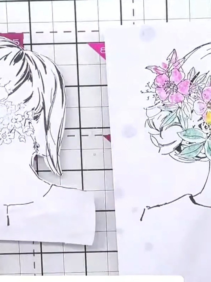 Step 9: Use foam pads to add dimension to the cut flower bouquet. Position and adhere the padded bouquet into the lady