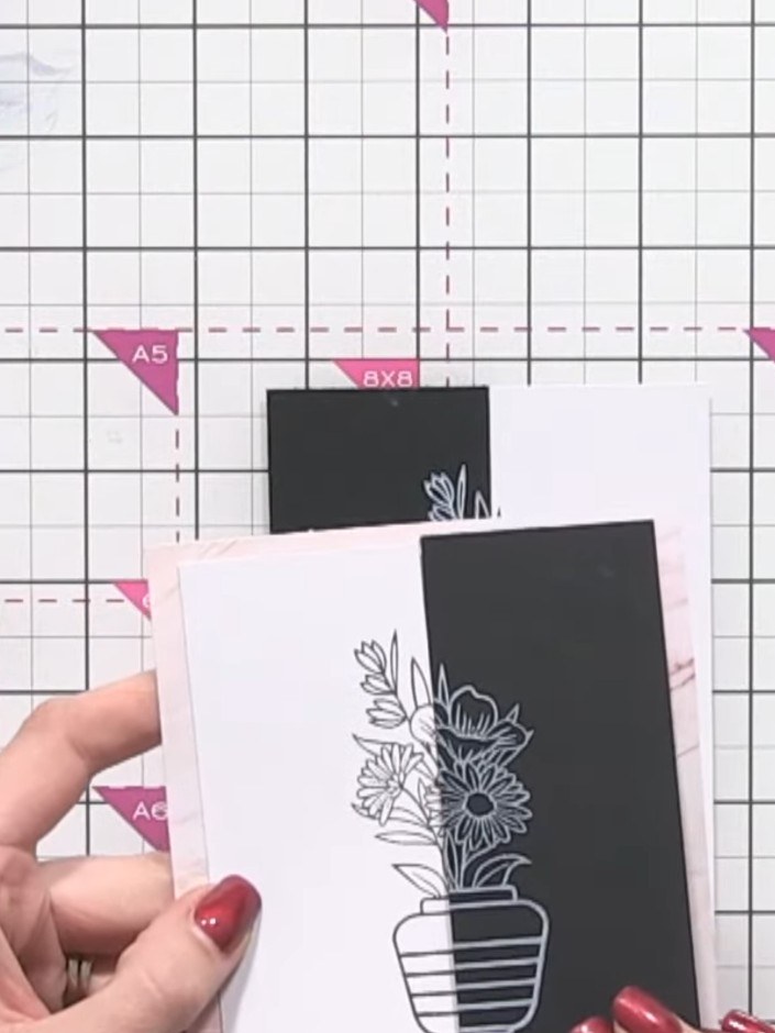 Step 7: Swap the halves between the two cards so you have one card with a black stamped top and white stamped bottom, 
