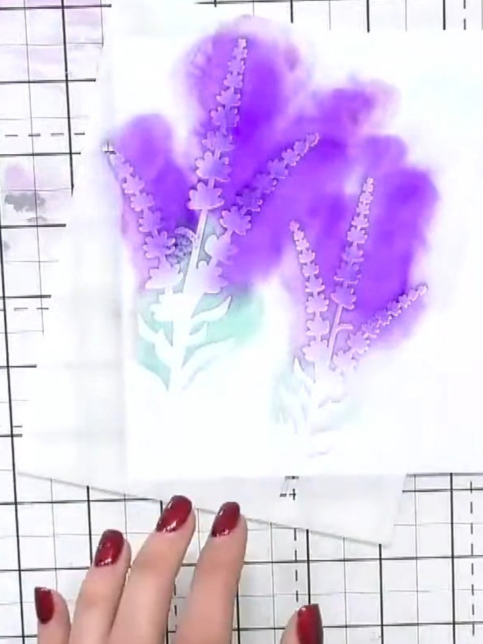 Step 7: Apply darker purple ink to the front lavender stems using a blending tool. Use lighter purple on the back stem