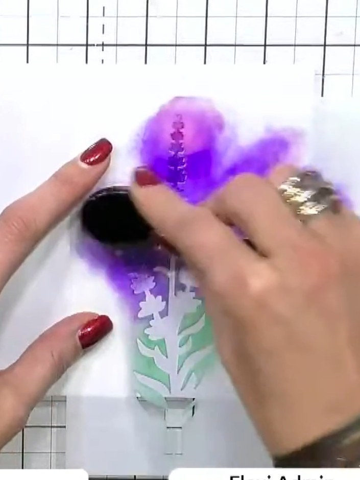 Step 3: Using a wet brush, gently move the purple ink around on the lavender flowers to create soft colour transitions