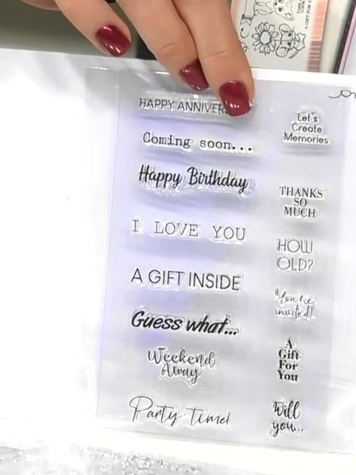 Step 3: Choose your hidden message from the sentiment stamp set. Stamp your chosen phrase onto the white card panel wh