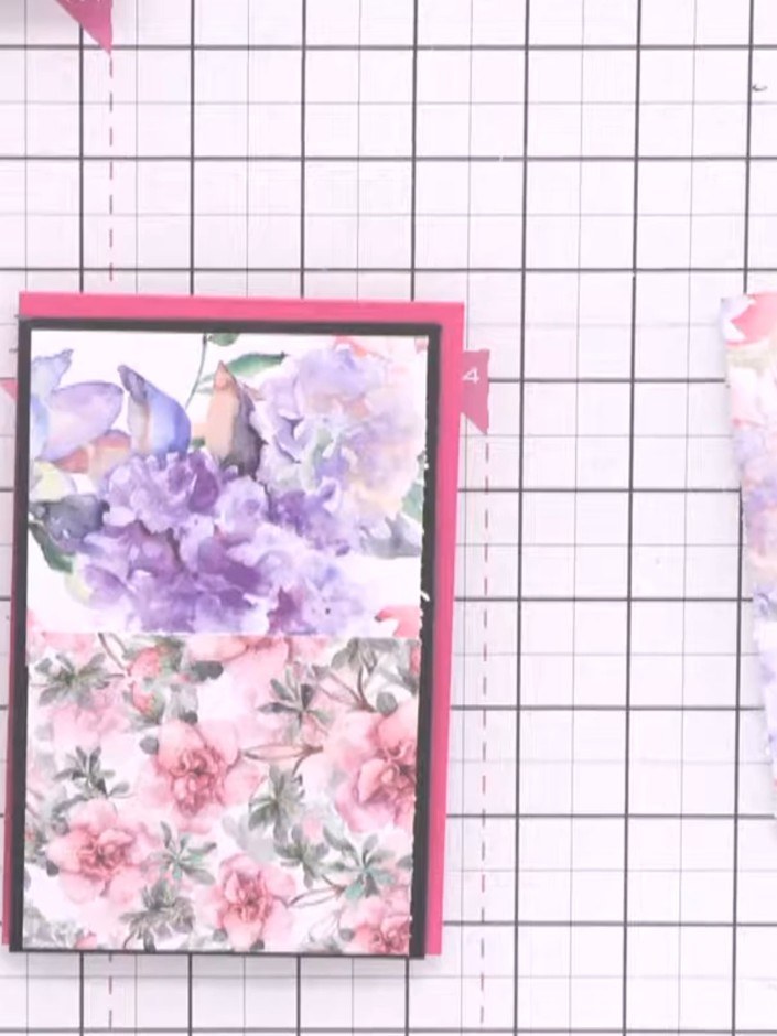 Step 2: Arrange your paper pieces on the card base to create a pleasing composition, placing the purple floral panel a
