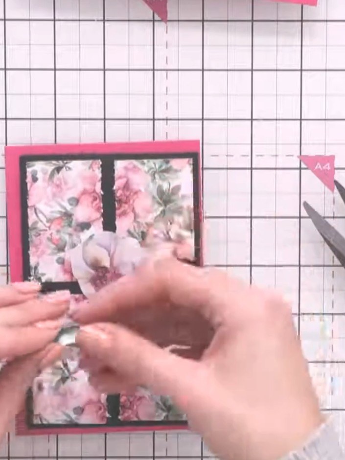 Step 5: Layer your fussy-cut flowers and leaves across the four window sections using foam pads to create dimension. P