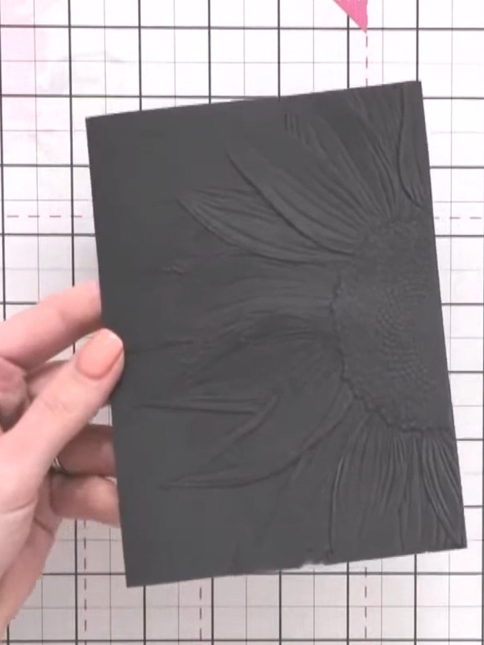 Step 1: Run black card stock through your die-cutting machine with the wild sunflower 5x7 embossing folder to create a