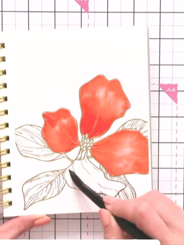 Step 3: Using a water brush, drop watercolour ink onto the wet coral petal and drag it outwards across the area to ble