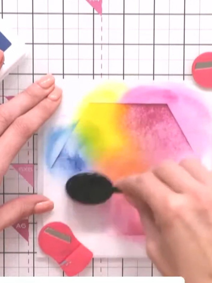 Step 4: Apply pink ink through the stencil using a blending tool, blending it into the yellow area to create a smooth 