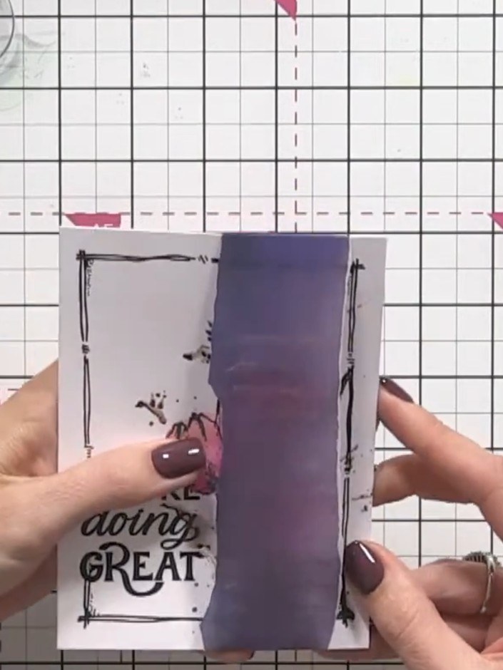 Step 1: Prepare a card blank and cut or tear a piece of purple vellum to size. Position the vellum vertically on the f