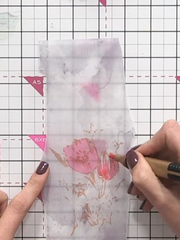 Step 3: Turn the vellum over and use alcohol markers or coloured pencils to add colour to the back. Start by colouring