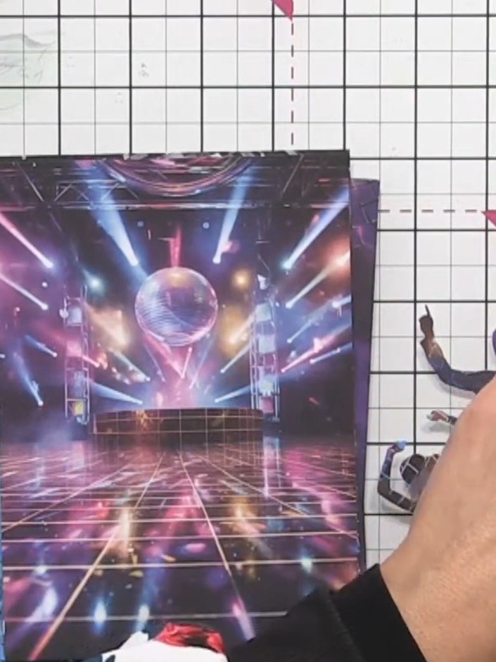 Step 1: Select a disco-themed patterned paper from the Step to the Groove collection to use as your card base or backg