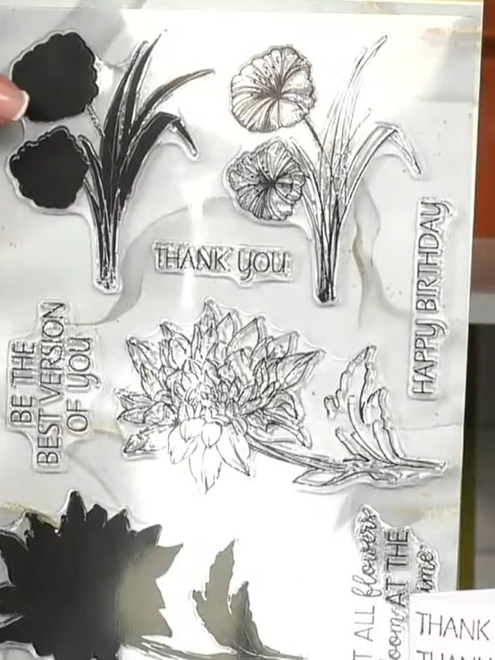 Step 1: Select your lamination stamp set featuring the two-part floral design with flowers, leaves and sentiment stamp