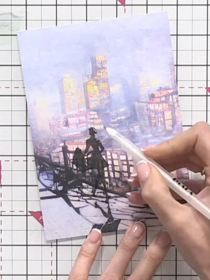 Step 6: Use a white gel pen to add highlights down one side of the silhouette figure, working consistently on either t