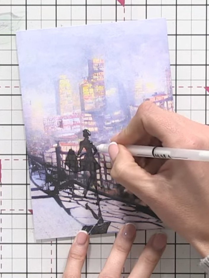 Step 7: Add highlights to the shoulder, arm, leg and shoe of the silhouette using a white pen. Work in the direction o