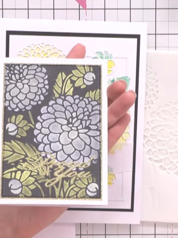 Step 8: Add any additional embellishments such as sparkle or texture paste if desired to complete your card.