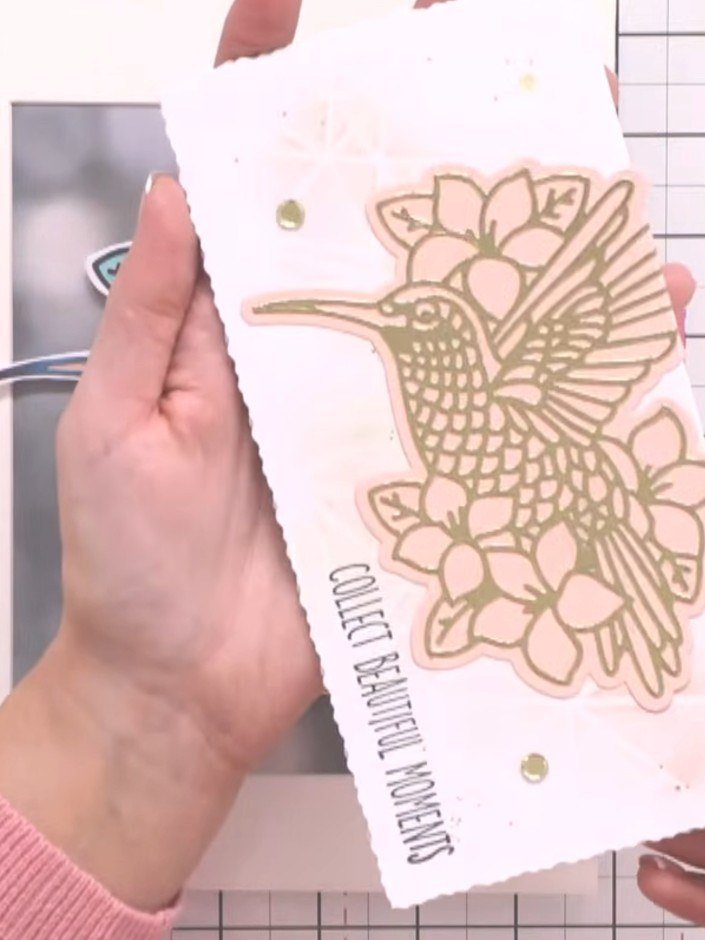 Step 5: For an alternative look, stamp the hummingbird and flowers design onto patterned paper instead of white card. 