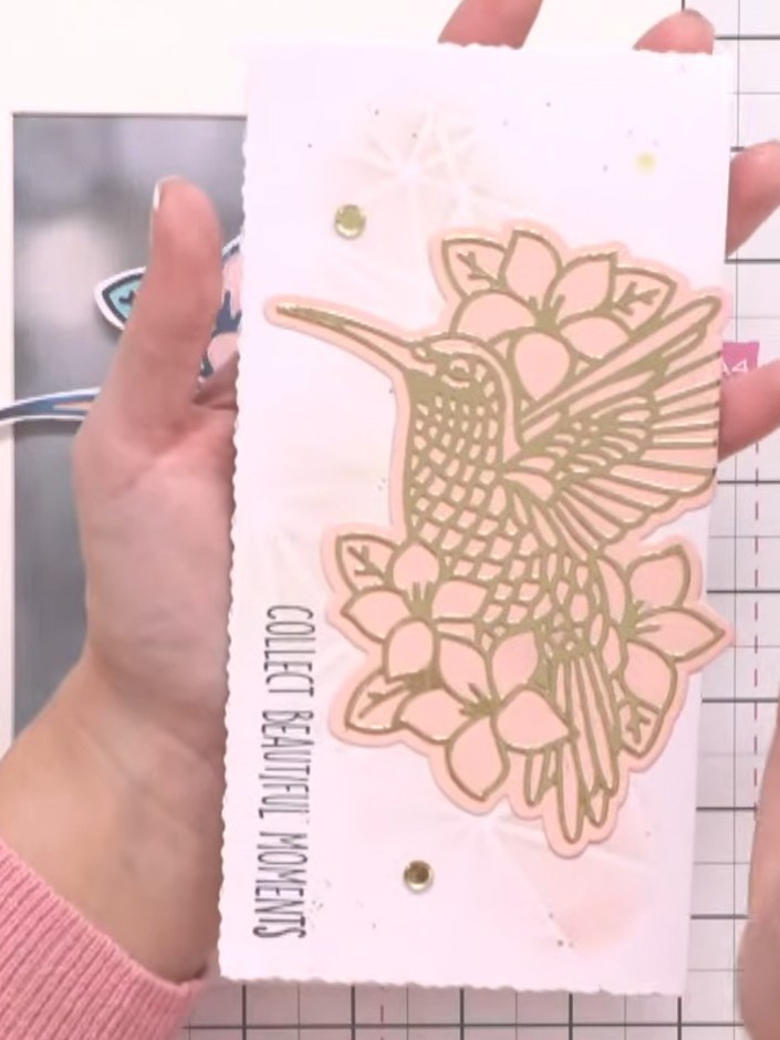 Step 6: Position the hummingbird stencil partially off the edge of your card base to create an interesting partial des