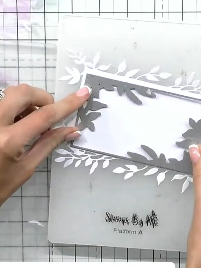 Step 4: Position the interior garden frame die in the centre of your A5 rectangle card base. The die creates a decorat