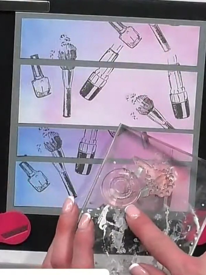 Step 3: Using the Movie Star stamp set, add splats and circles to the background panels. Position these elements to cr