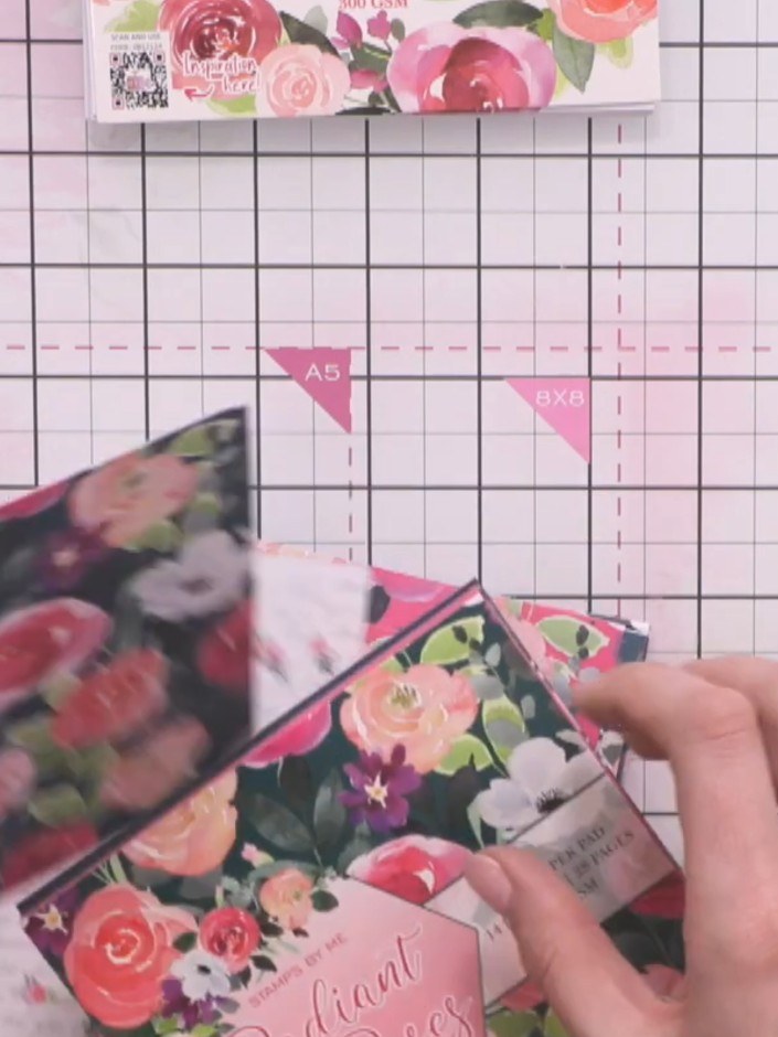 Step 1: Select your papers from the Radiant Rose pad. Choose pieces featuring teals, pinks, corals and greens, includi