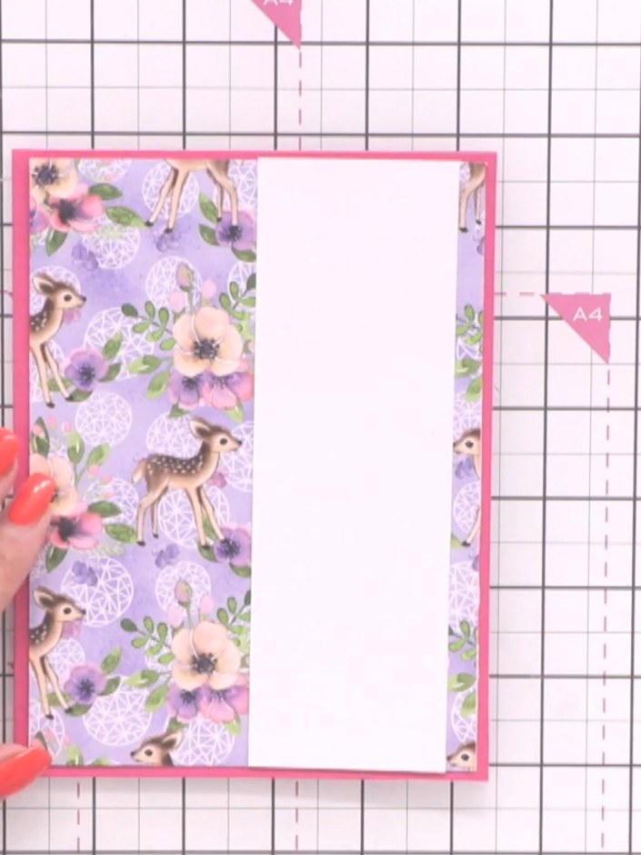 Step 6: Cut a white panel and position it on the right side of the card base, leaving the decorative patterned paper v
