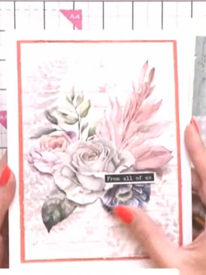 Step 8: Fussy-cut flower and greenery elements from the Wistful Charm painted mounts. Carefully cut around the roses, 