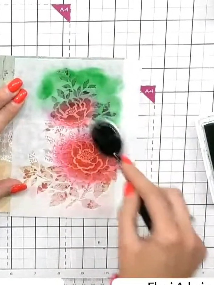Step 5: Using a blending brush, apply teal ink from the ink pad over the stencilled design to add depth and enhance th