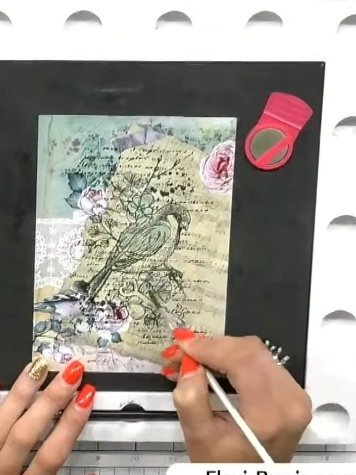 Step 5: Using a water brush or paintbrush, apply the teal-coloured water mixture onto the stamped bird image. Focus on